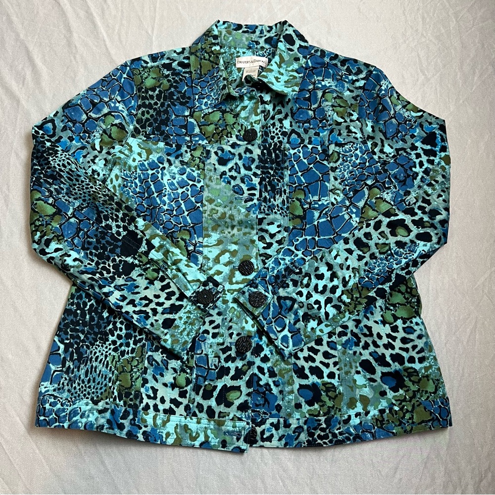 Draper’s & Damon’s Blue Green Animal Print Lightweight Jacket Size Large New